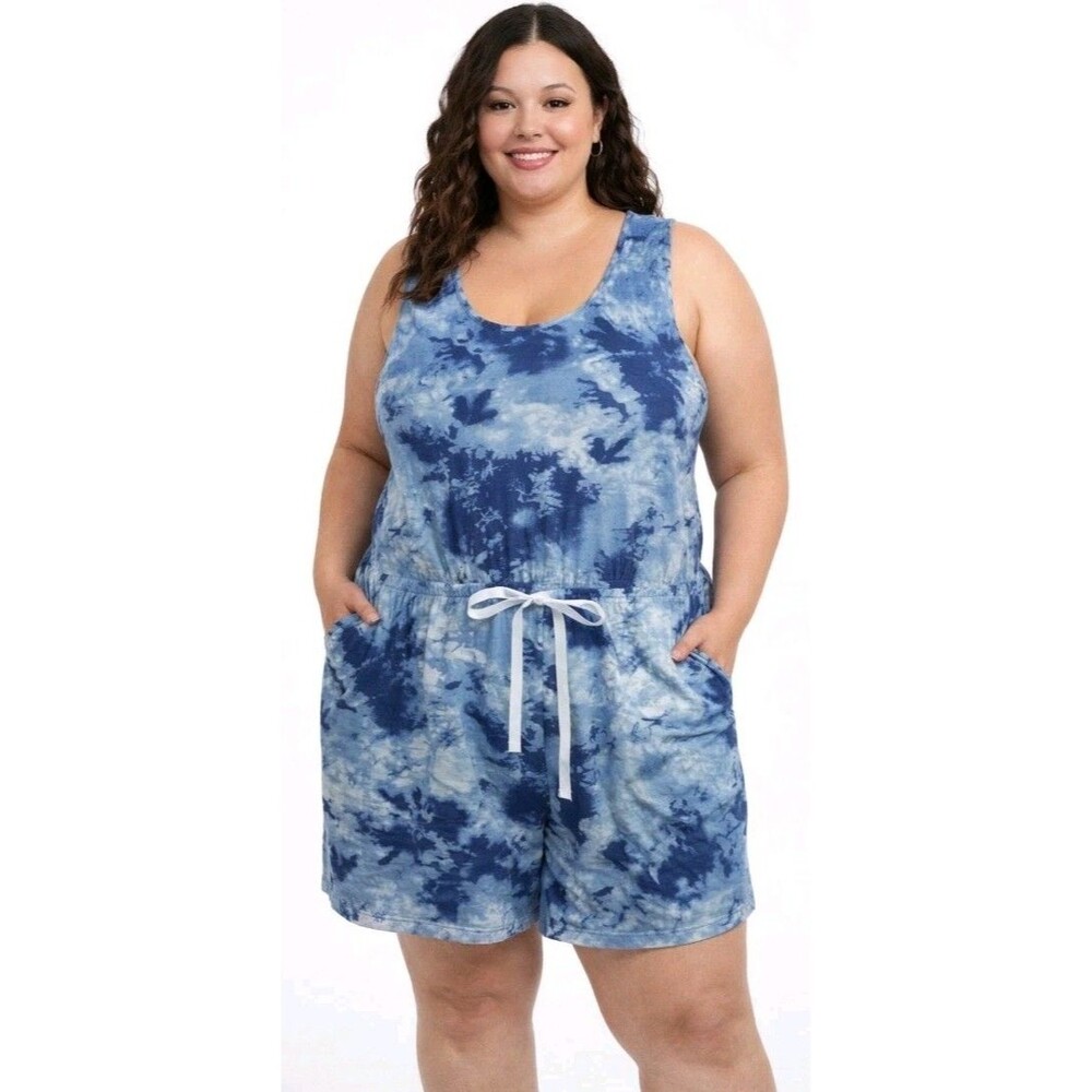 NWT TERRA SKY Women 16W/18W Hippie Boho Blue Tie Dye Stretch Tank Romper Shorts